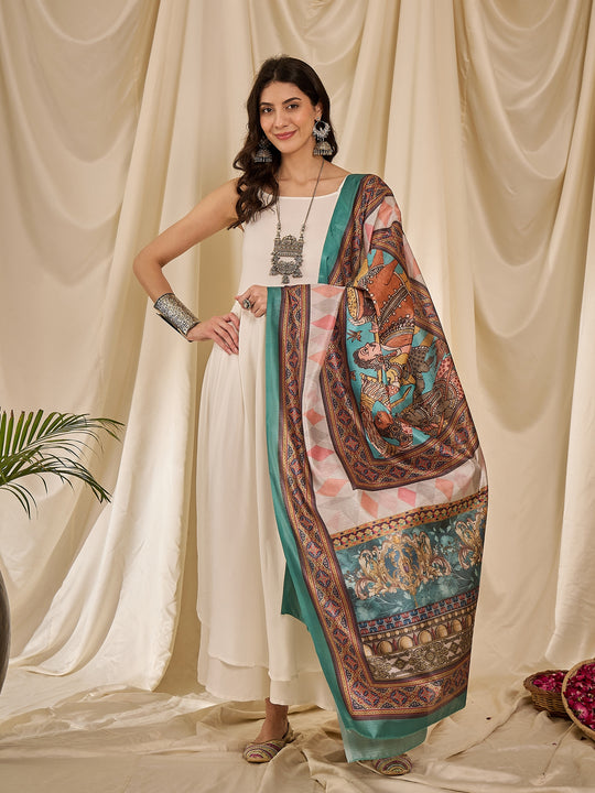 White Strappy Rama Green Dupatta Set