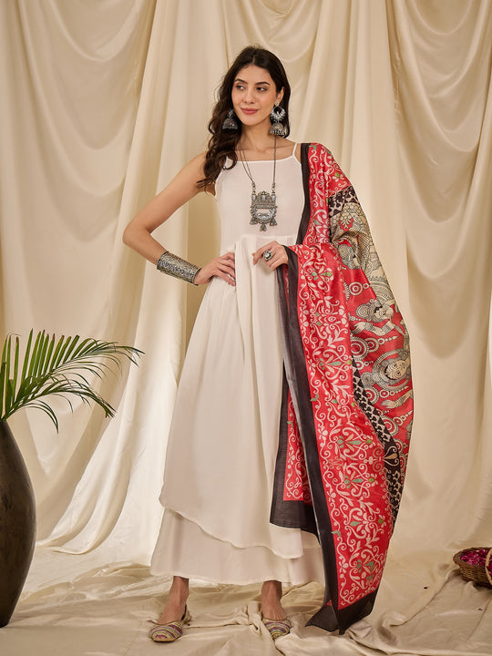 White Strappy Red Women Dupatta Set