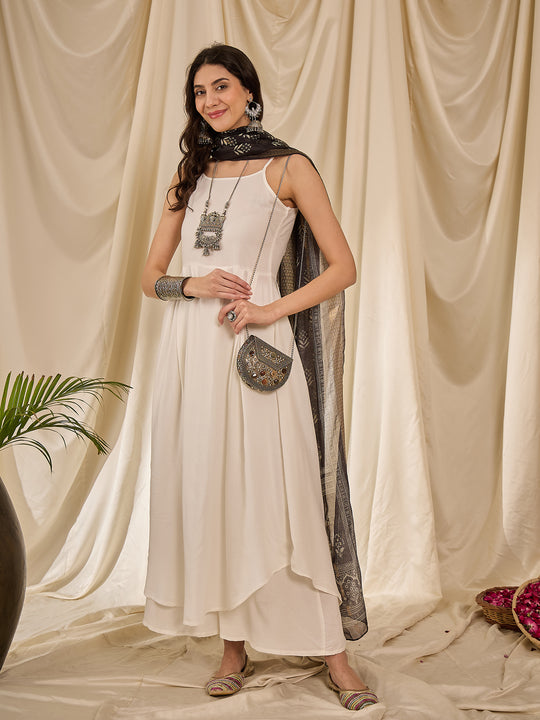 White Strappy Black Beige Dupatta Set