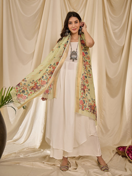 White Strappy Mint Green Dupatta Set