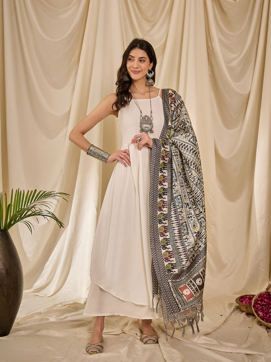 White Strappy Black Tribal Arts Dupatta Set
