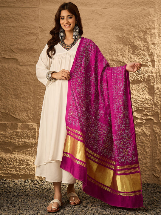 White V Neck Flared Wine Dot Dupatta Kurta Set