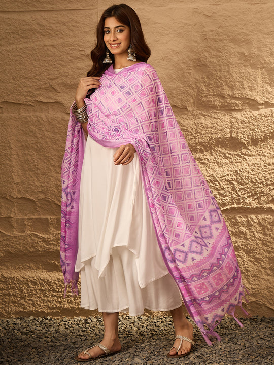 White Round Neck Lavender Ogee Dupatta Kurta Set