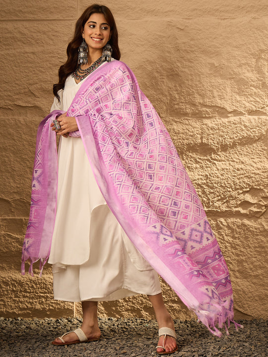 White V Neck Flared Lavender Ogee Dupatta Kurta Set