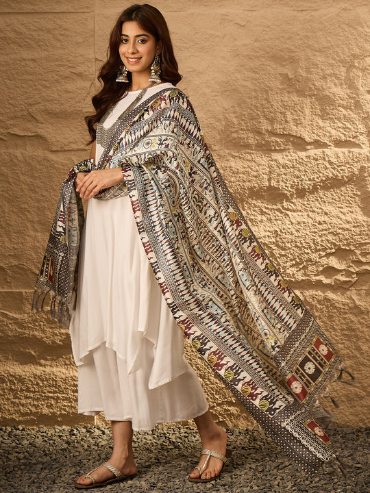 White Round Neck Black Tribal Arts Dupatta Kurta Set