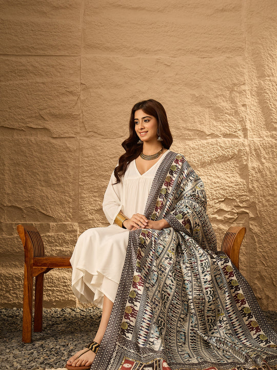 White V Neck Flared Black Tribal Arts Dupatta Kurta Set