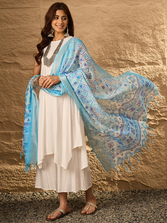 White Round Neck Skyblue Ogee Dupatta Kurta Set