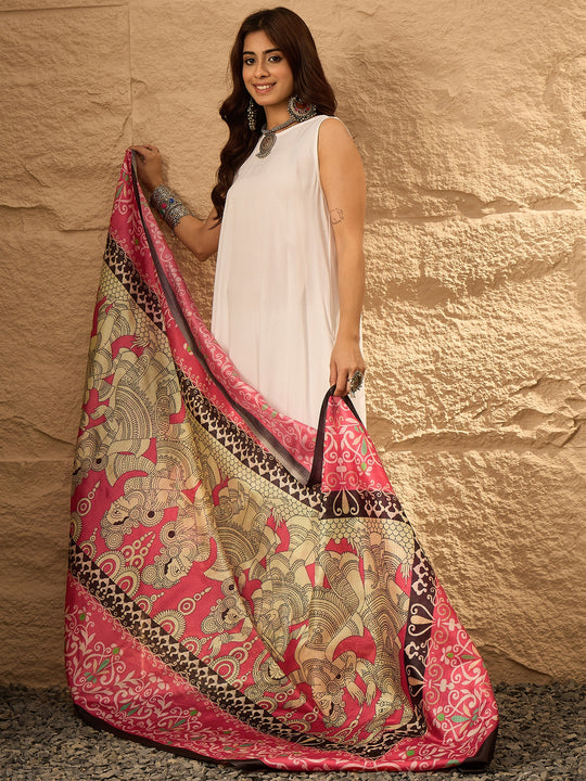 White Round Neck Red Women Dupatta Kurta Set