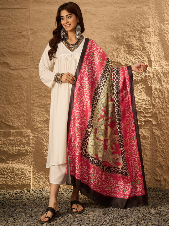 White V Neck Flared Red Women Dupatta Kurta Set