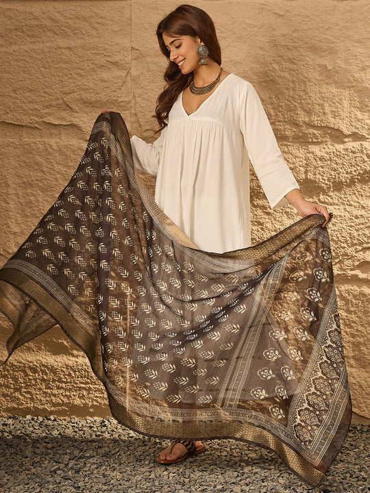 White V Neck Flared Black Beige Dupatta Kurta Set
