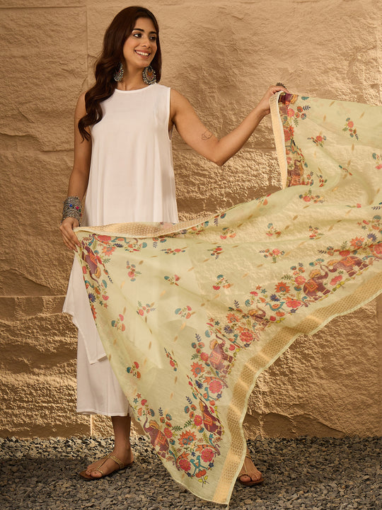 White Round Neck Mint Green Dupatta Kurta Set