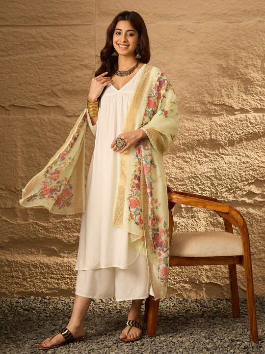 White V Neck Flared Mint Green Dupatta Kurta Set