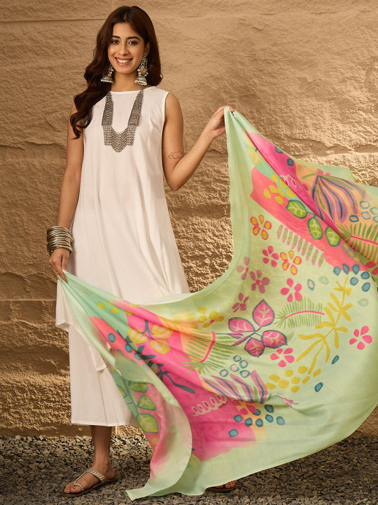 White Round Neck Light Green Dupatta Kurta Set