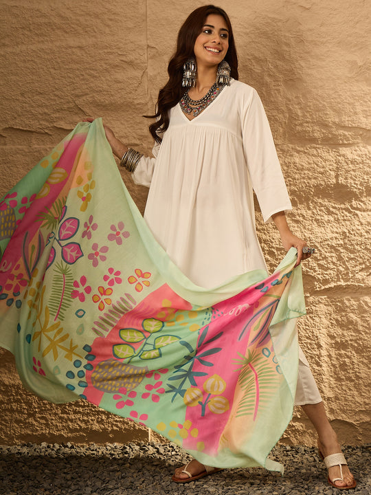 White V Neck Flared Light Green Dupatta Kurta Set