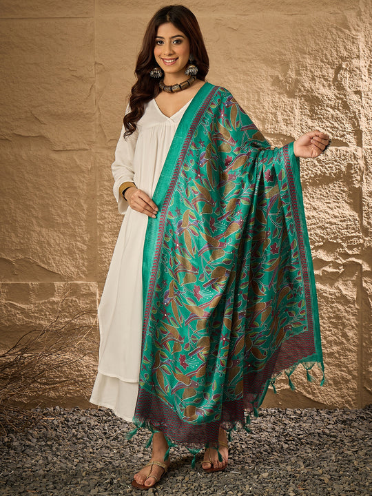 White V Neck Flared Jungle Green Printed Dupatta Kurta Set
