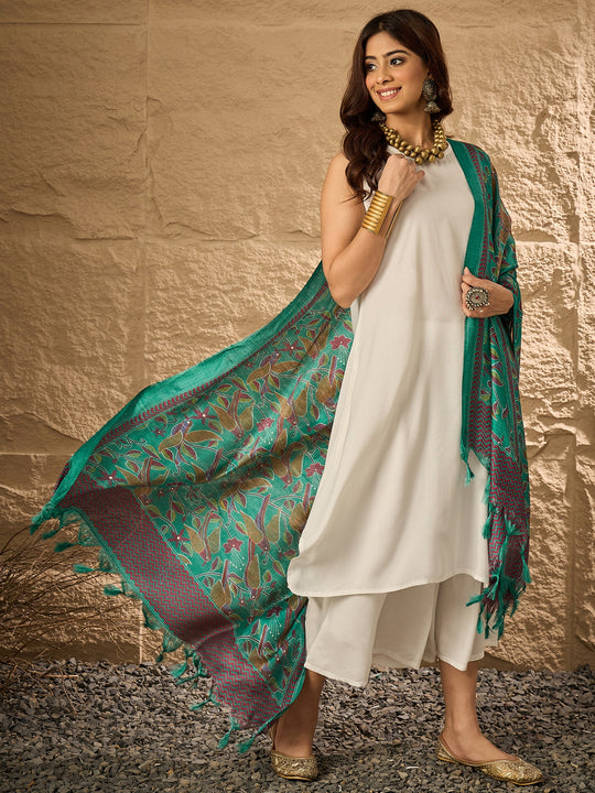 White R Neck Jungle Green Printed Dupatta Kurta Set