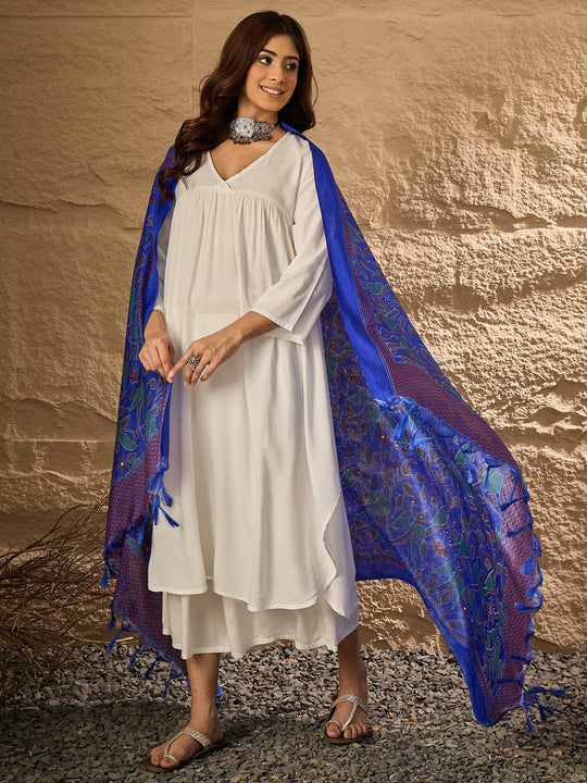 White V Neck Flared Blue Print Dupatta Kurta Set