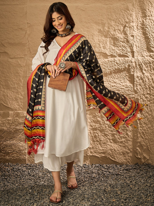 White V Neck Flared Red Border Ikkat Dupatta Kurta Set