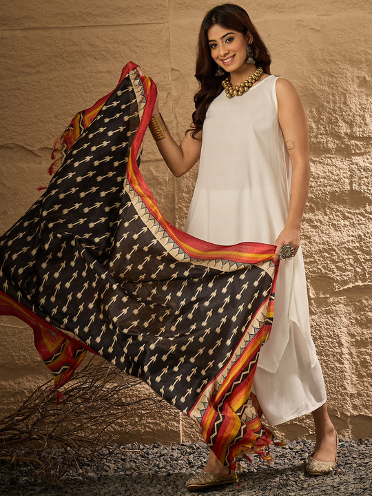 White R Neck Red Border Ikkat Dupatta Kurta Set