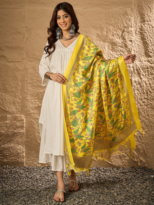 White V Neck Flared Yellow Bird Dupatta Kurta Set