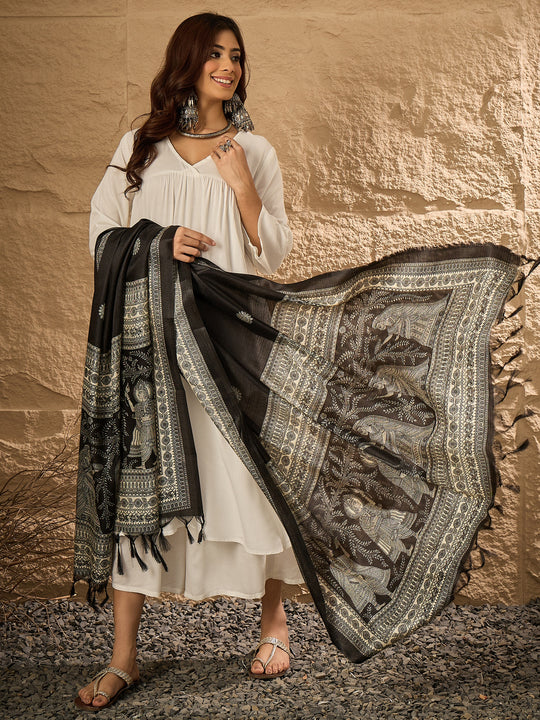 White V Neck Flared Black White Dupatta Kurta Set