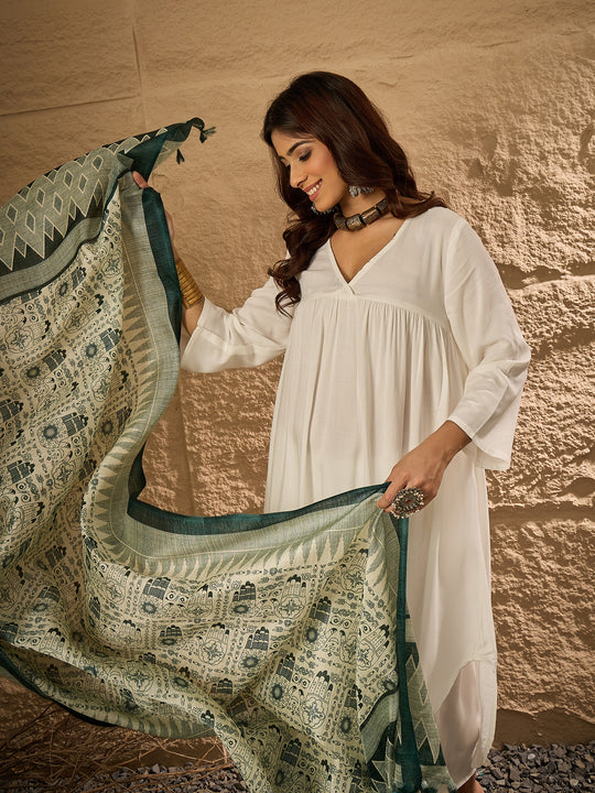 White V Neck Flared Dark Green Indian Print Dupatta Kurta Set