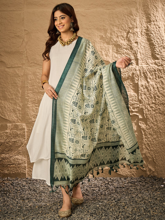 White R Neck Dark Green Indian Print Dupatta Kurta Set