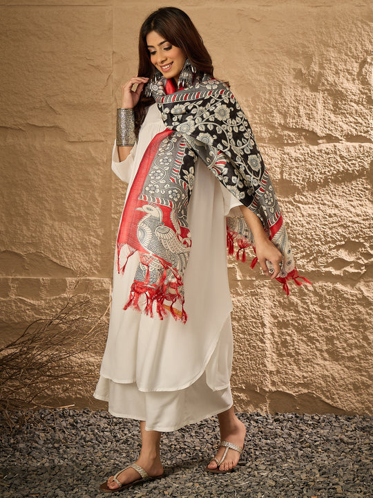 White V Neck Flared Red Black Kalamkari Dupatta Kurta Set