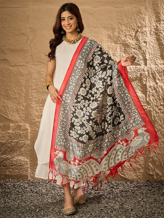 White R Neck Red Black Kalamkari Dupatta Kurta Set