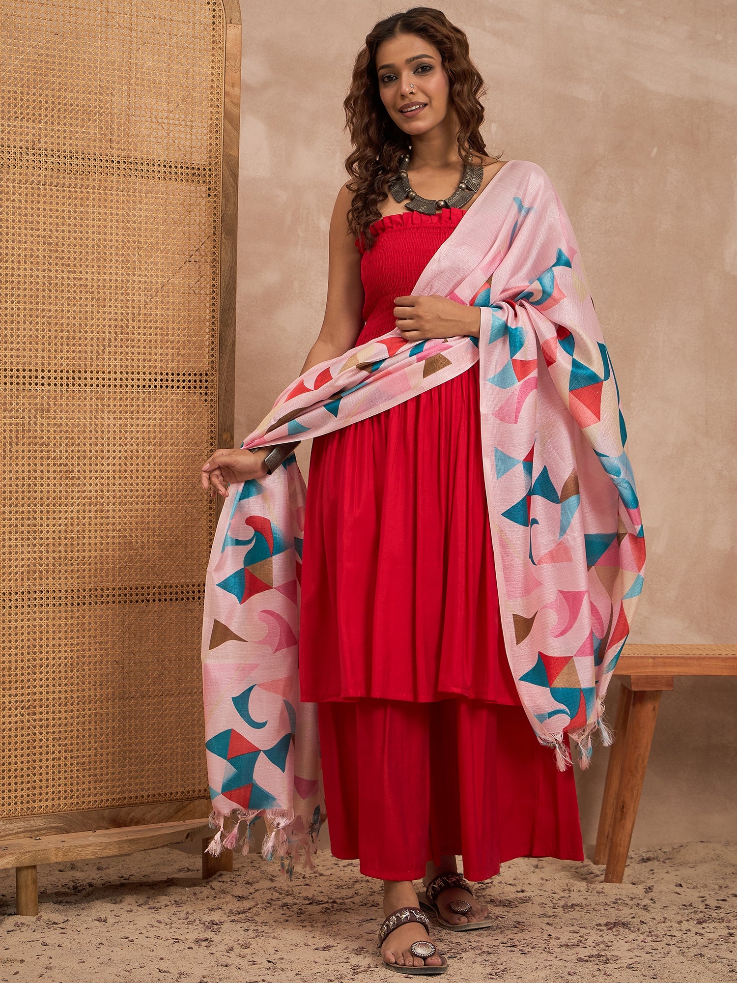 Red Silk Offshoulder Bpink Multi Kurta Set