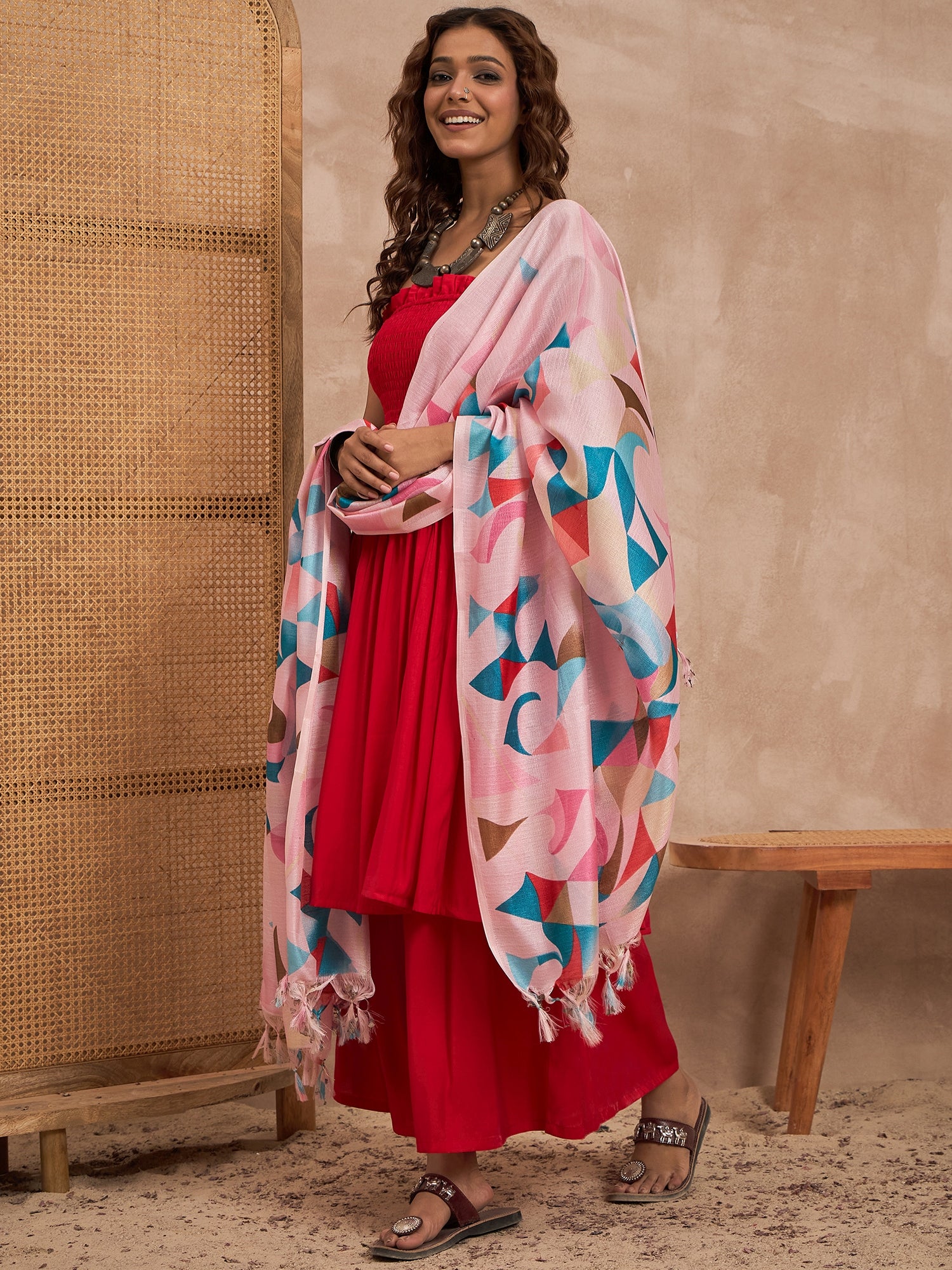 Red Silk Offshoulder Bpink Multi Kurta Set