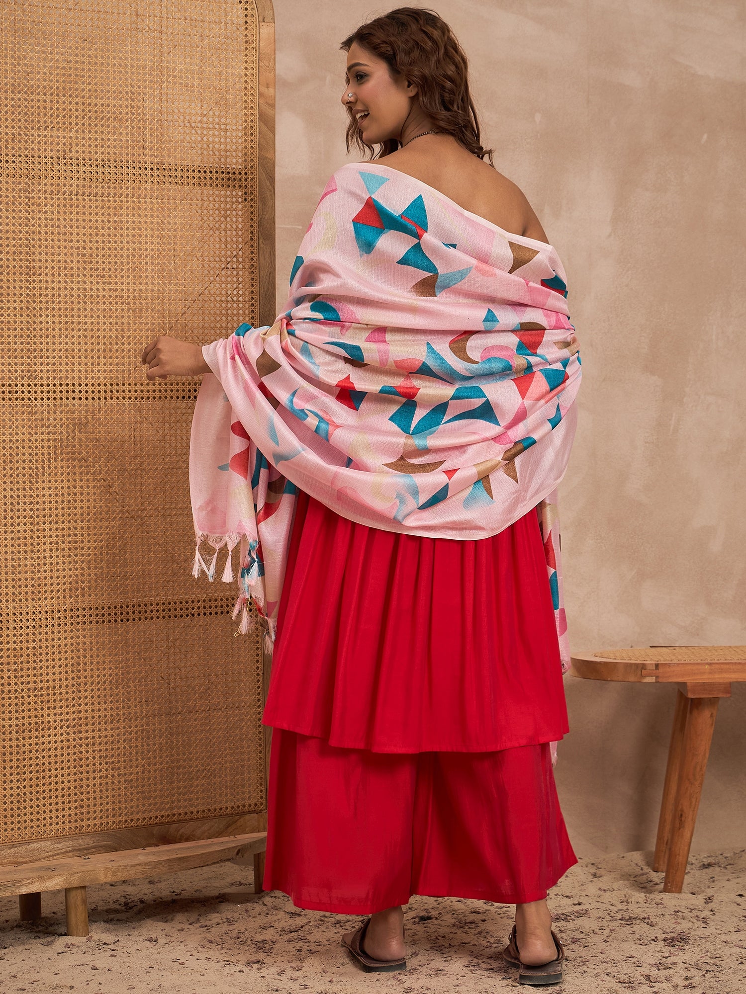 Red Silk Offshoulder Bpink Multi Kurta Set