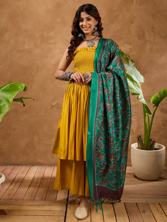 Yellow Silk Off shoulder Kurta Set with Green Bird Dupatta
