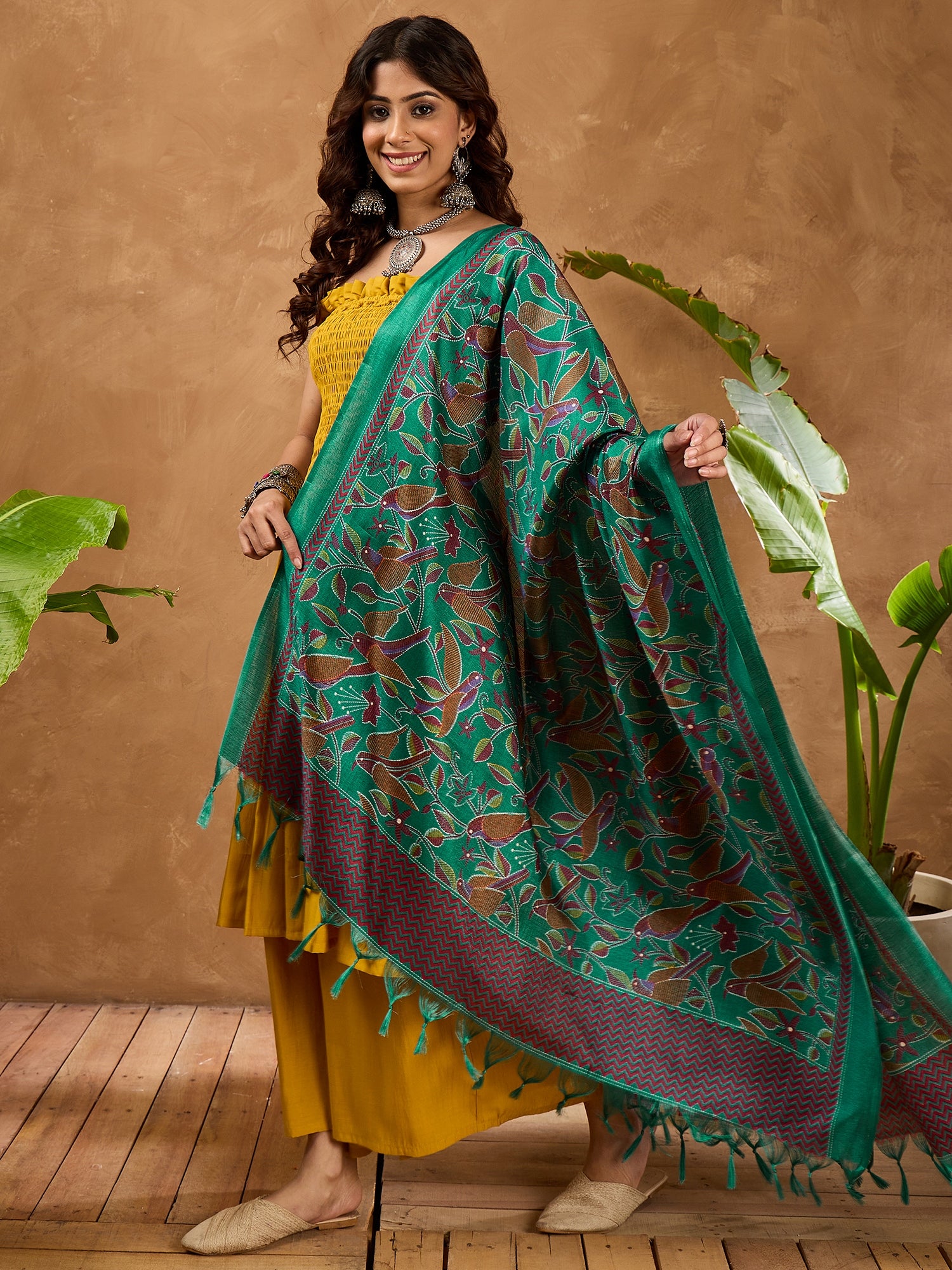 Yellow Silk Off shoulder Kurta Set with Green Bird Dupatta