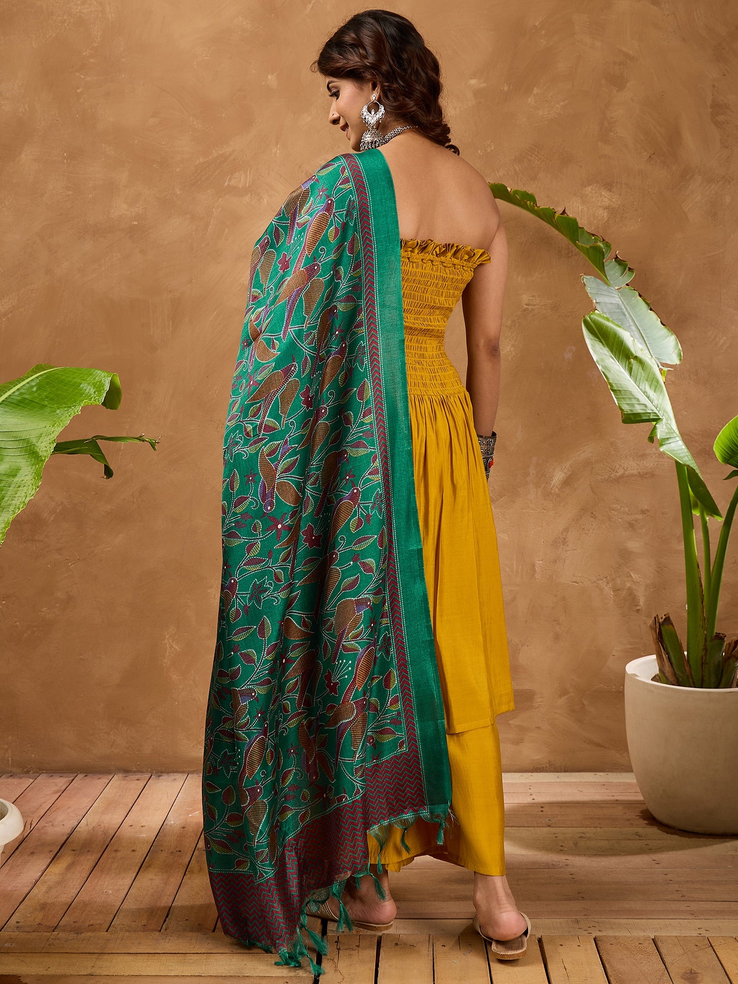 Yellow Silk Off shoulder Kurta Set with Green Bird Dupatta