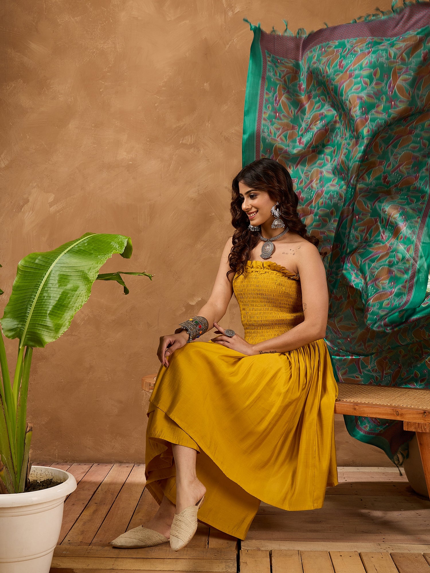 Yellow Silk Off shoulder Kurta Set with Green Bird Dupatta