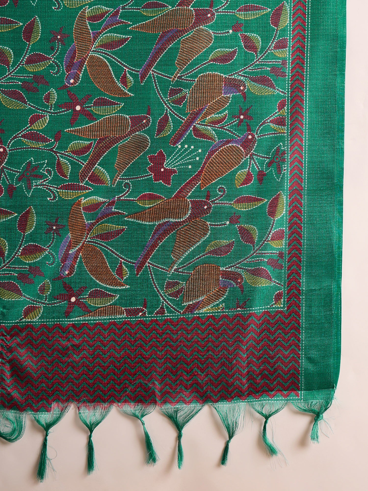 Yellow Silk Off shoulder Kurta Set with Green Bird Dupatta