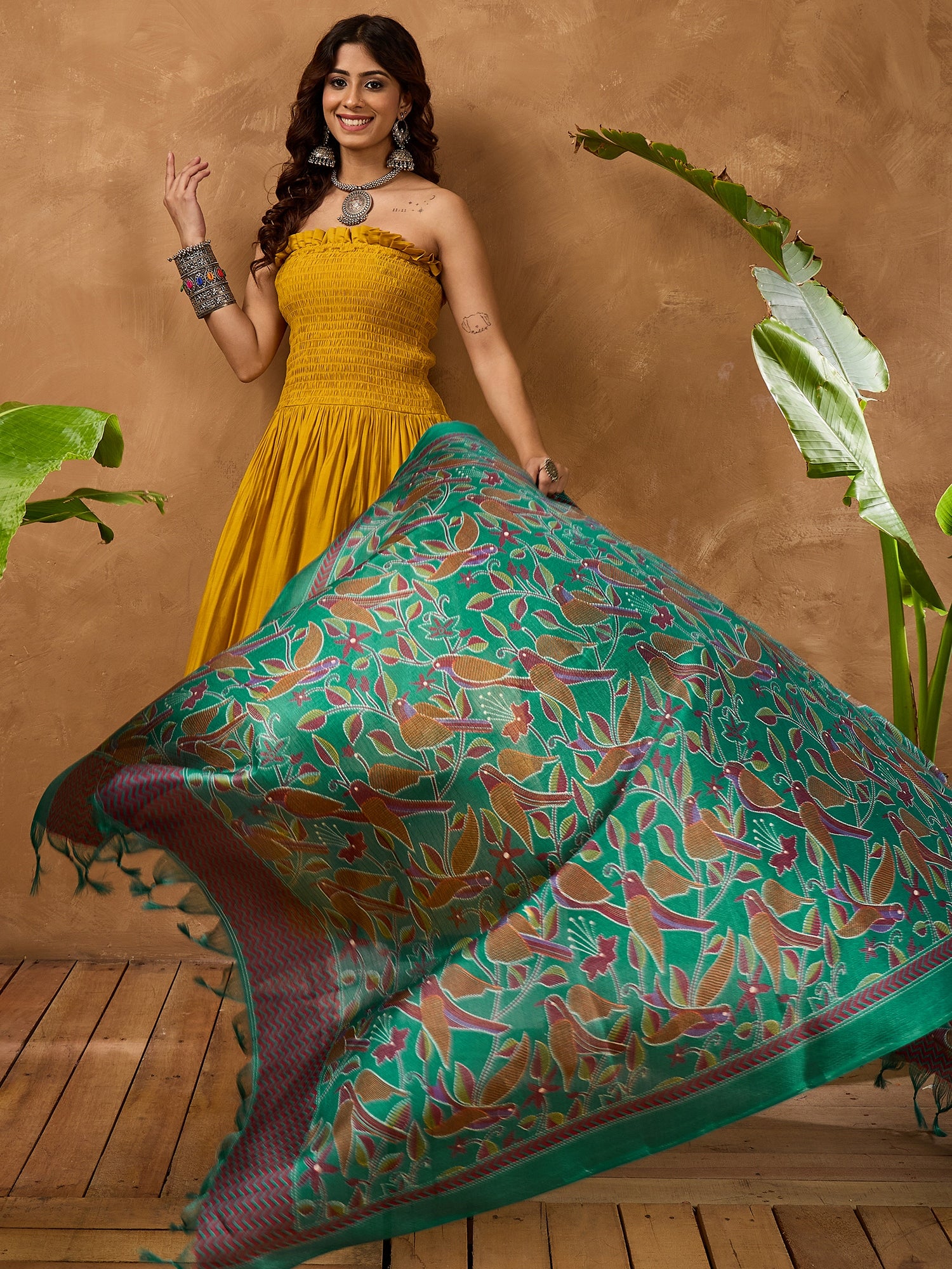 Yellow Silk Off shoulder Kurta Set with Green Bird Dupatta
