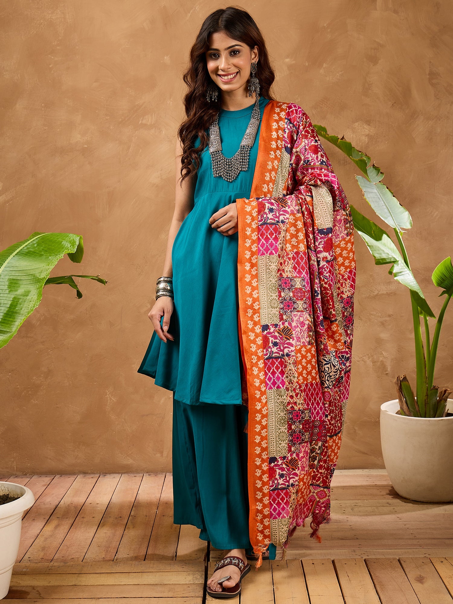 Teal Silk Boho Orange Multi Kurta Set