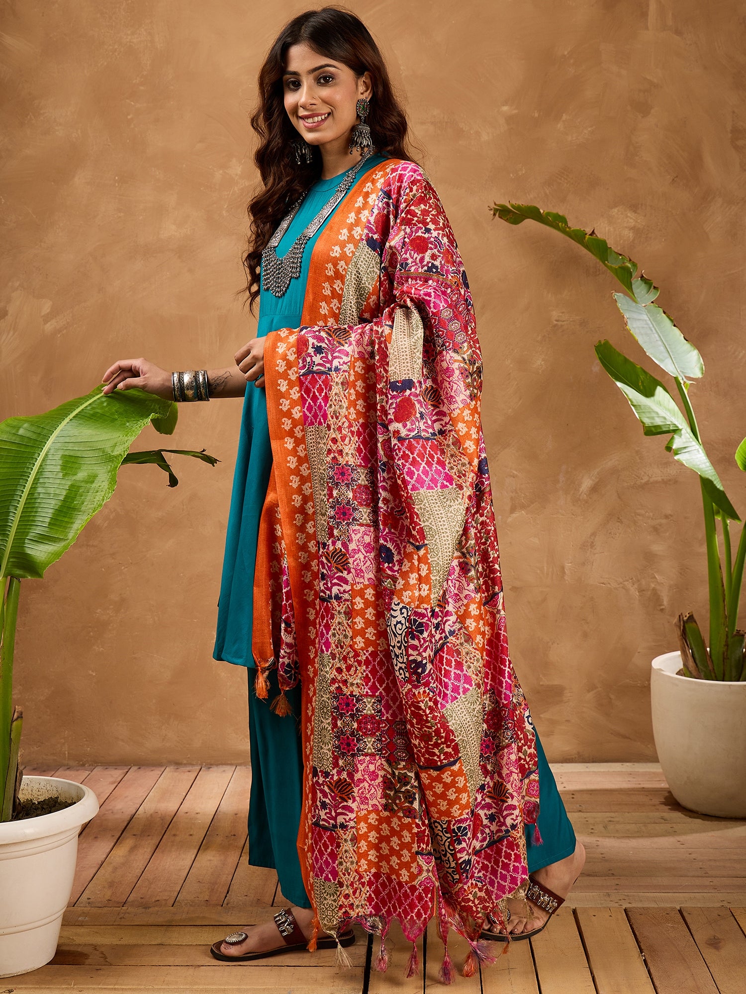 Teal Silk Boho Orange Multi Kurta Set
