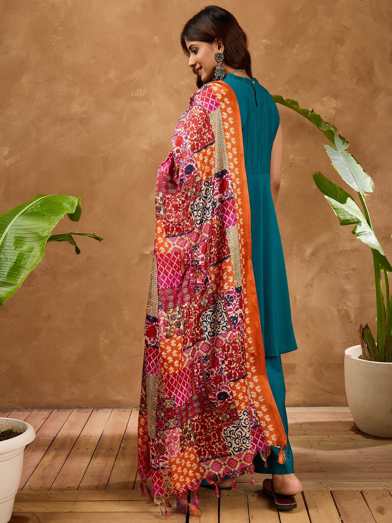 Teal Silk Boho Orange Multi Kurta Set