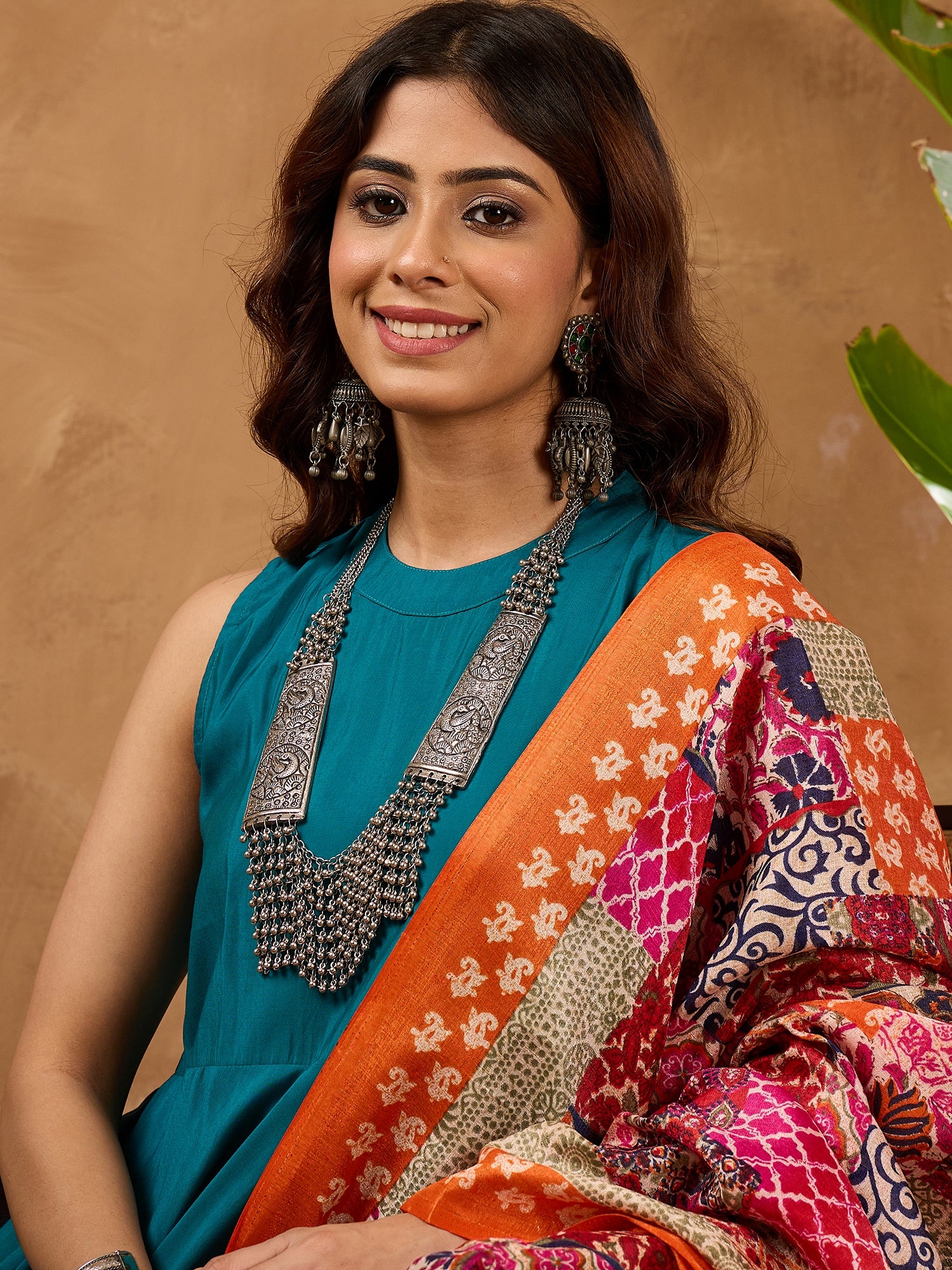 Teal Silk Boho Orange Multi Kurta Set