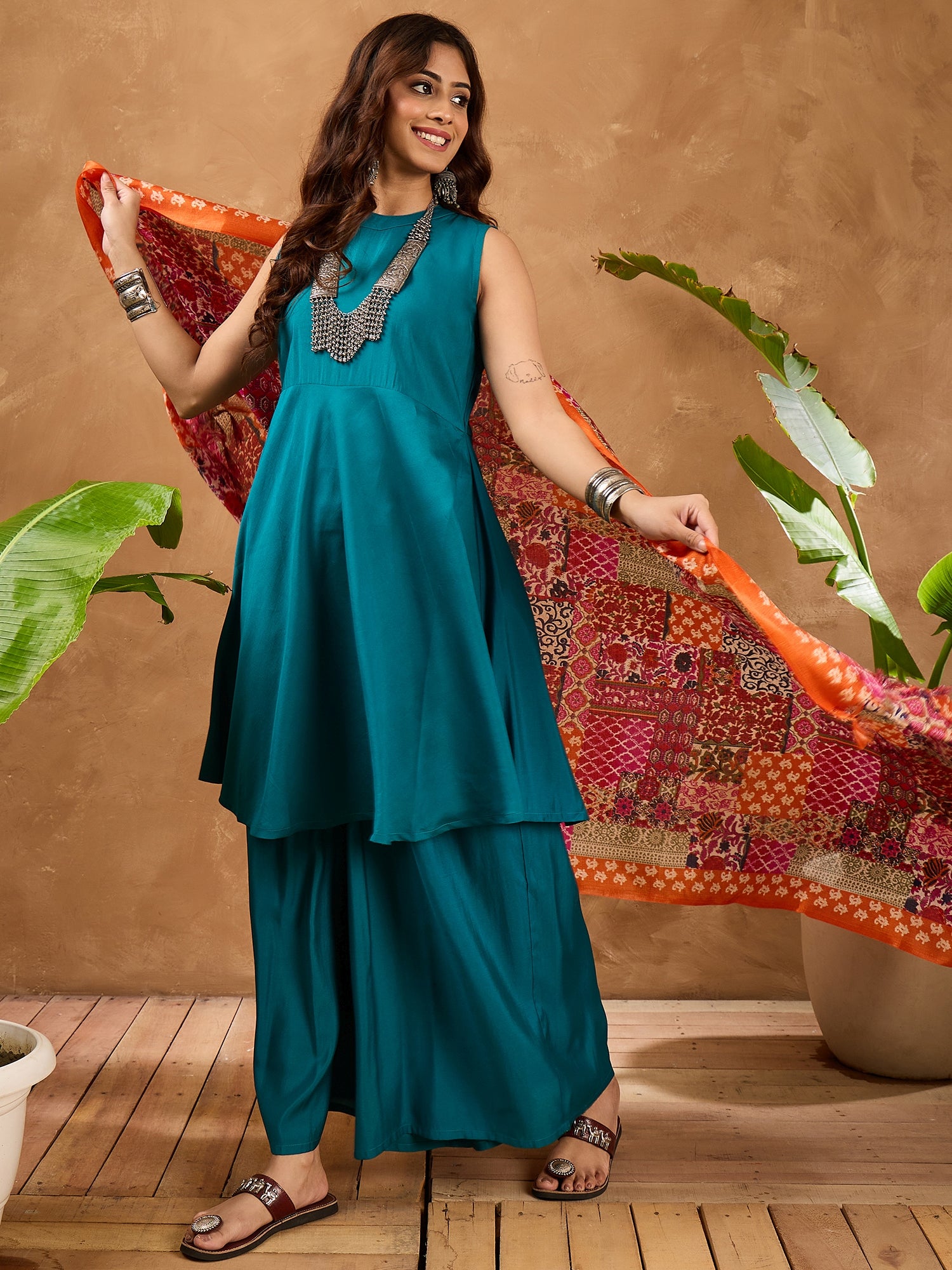 Teal Silk Boho Orange Multi Kurta Set