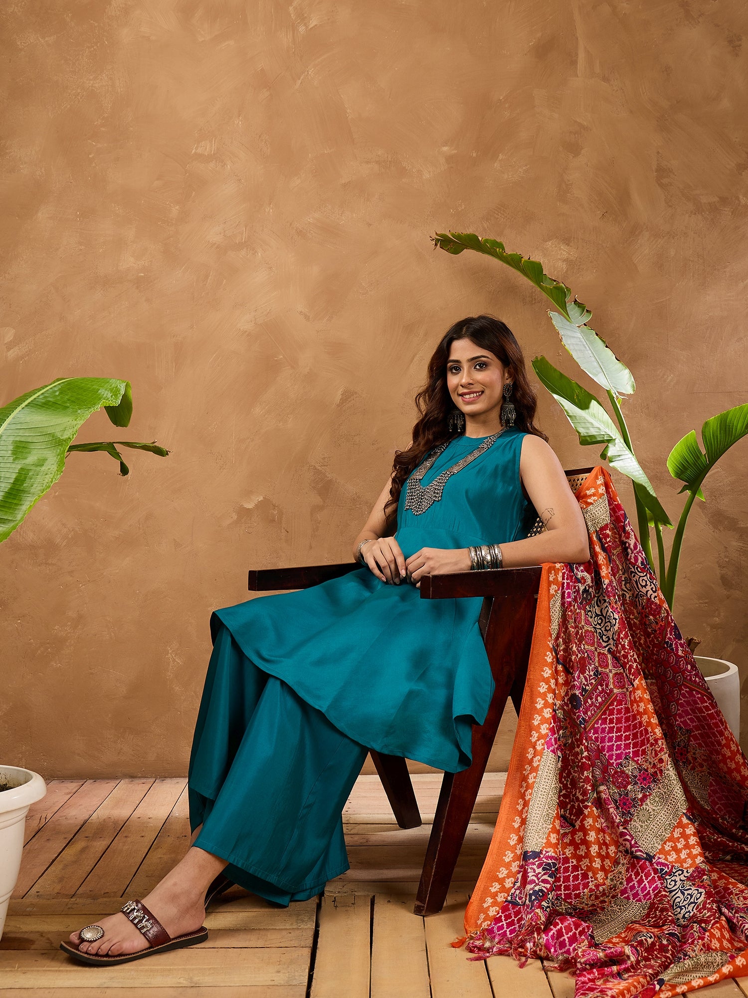 Teal Silk Boho Orange Multi Kurta Set