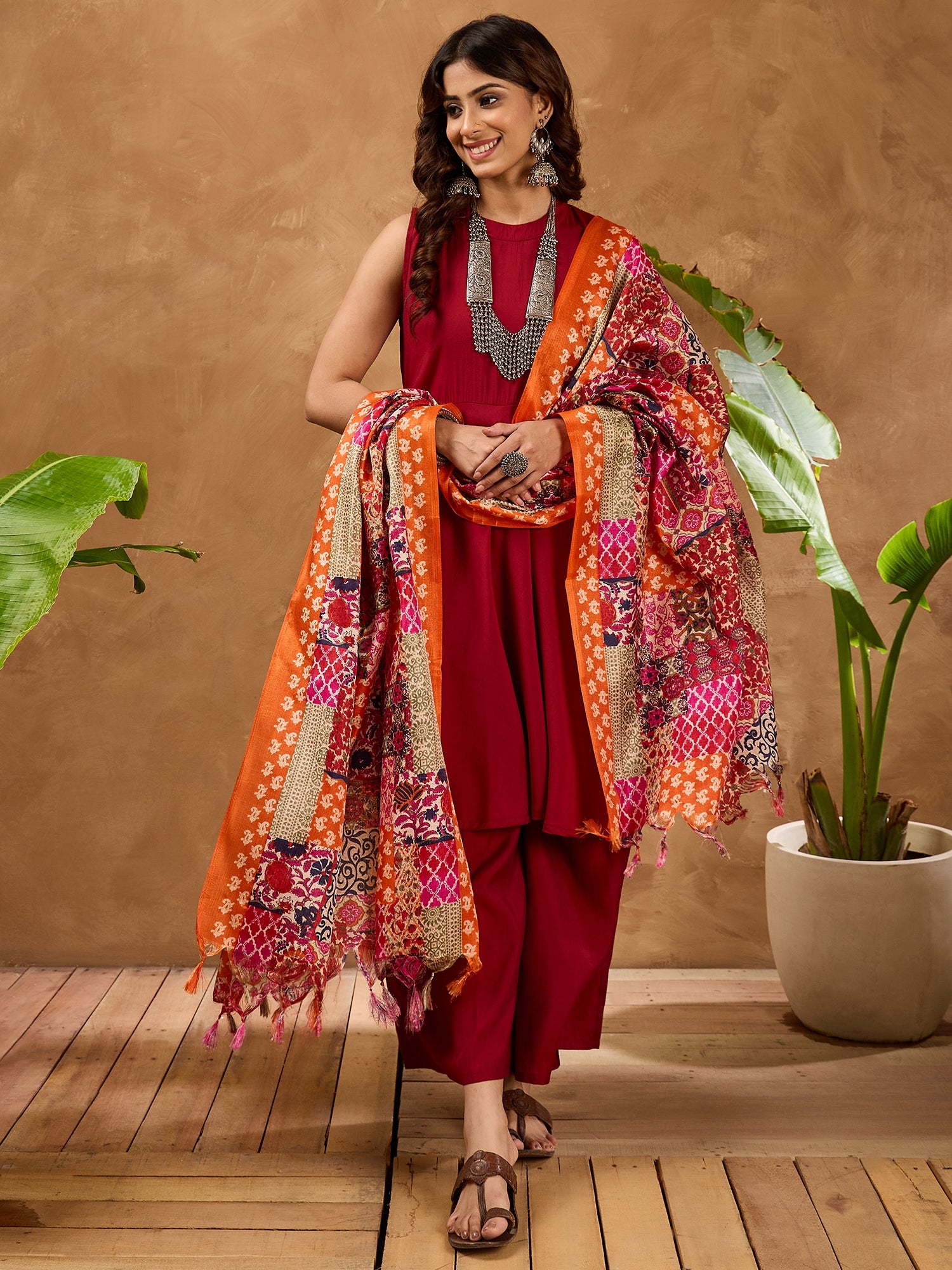 Barn Red Silk Boho Orange Multi Kurta Set