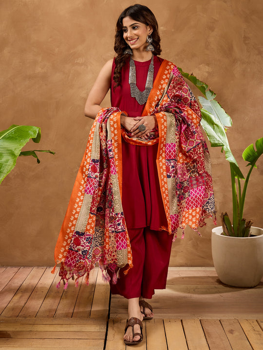 Barn Red Silk Boho Orange Multi Kurta Set