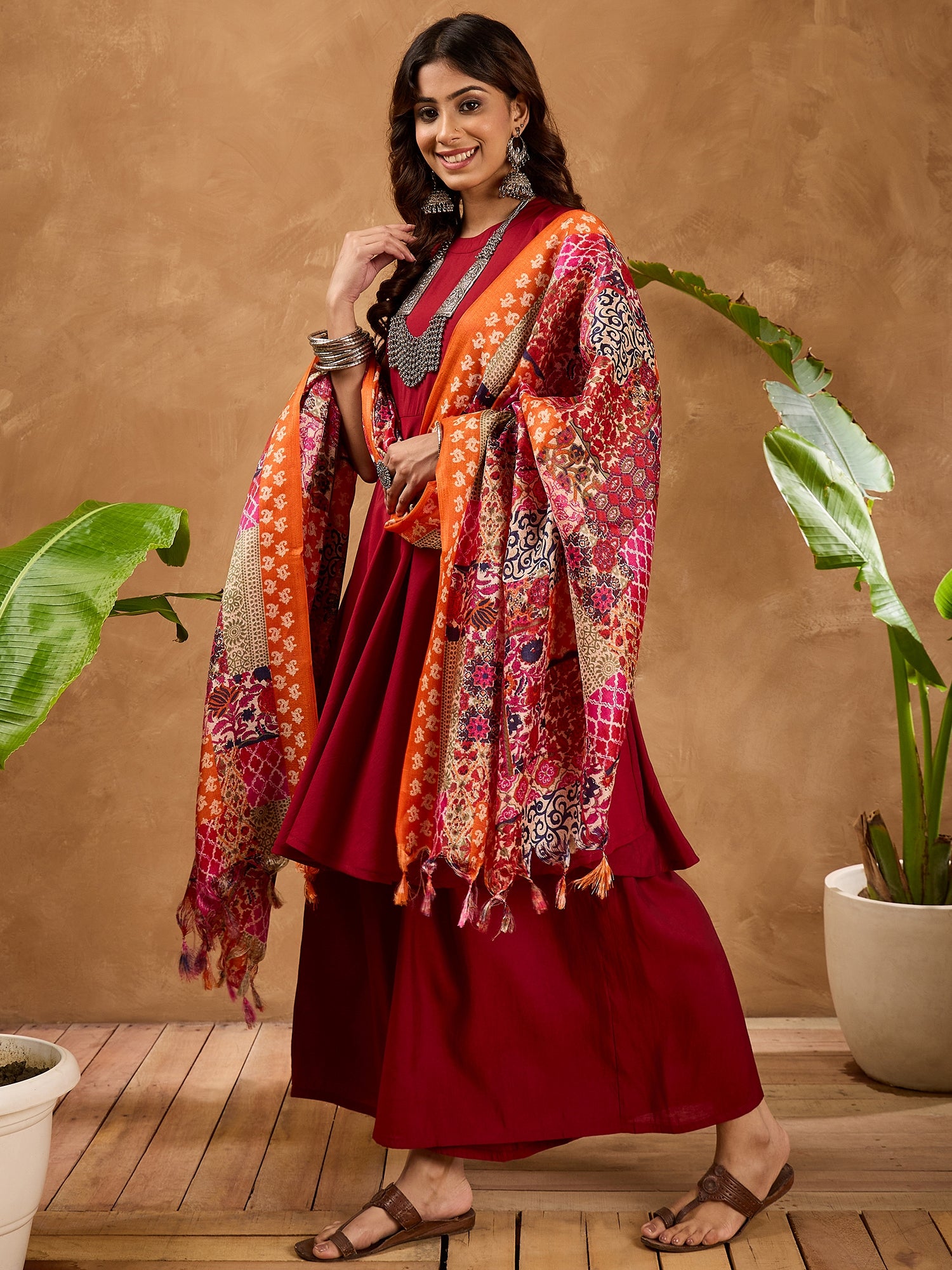 Barn Red Silk Boho Orange Multi Kurta Set