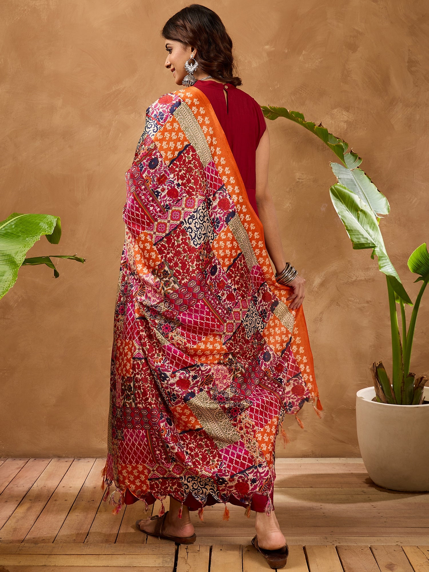 Barn Red Silk Boho Orange Multi Kurta Set