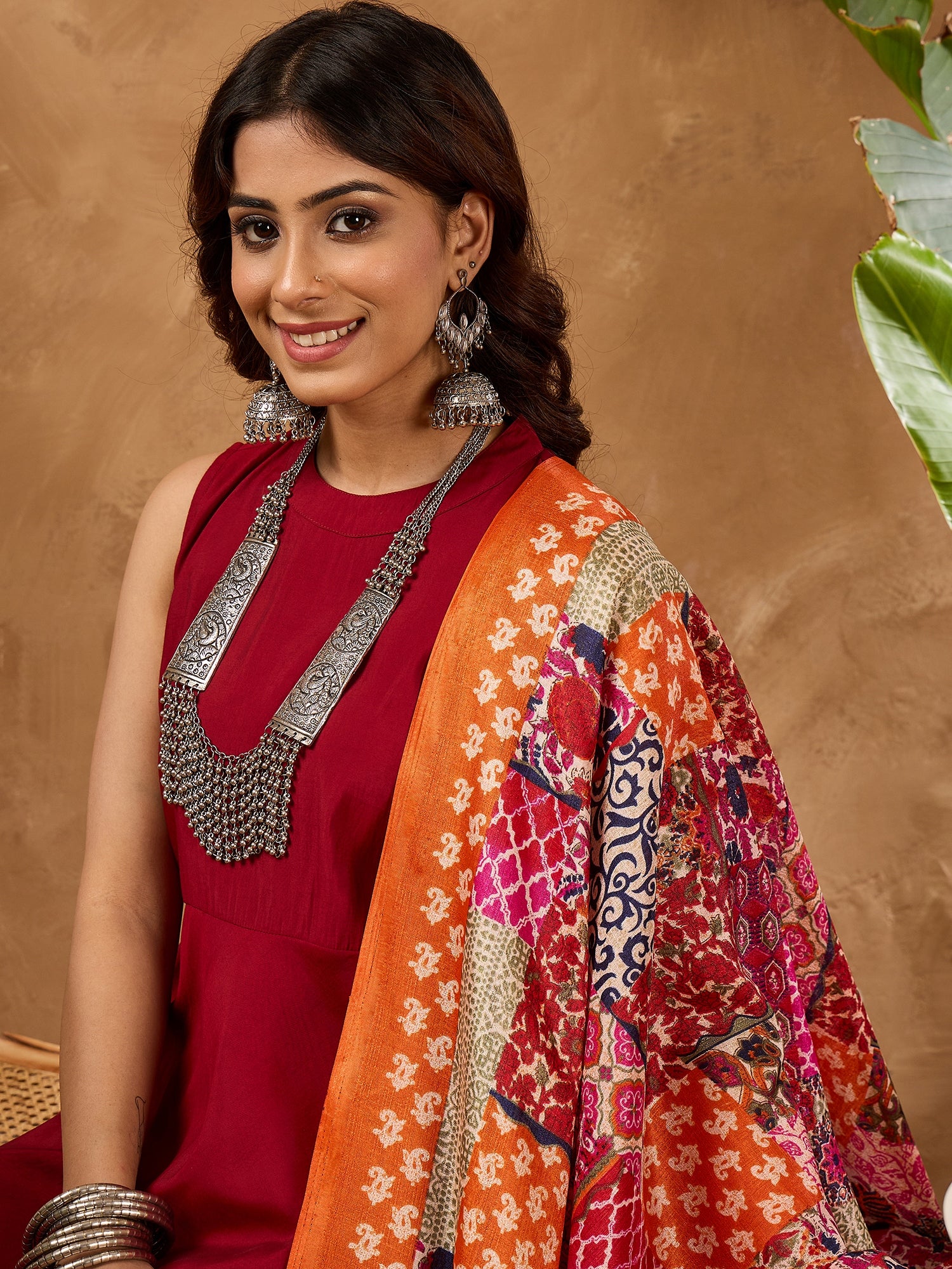 Barn Red Silk Boho Orange Multi Kurta Set