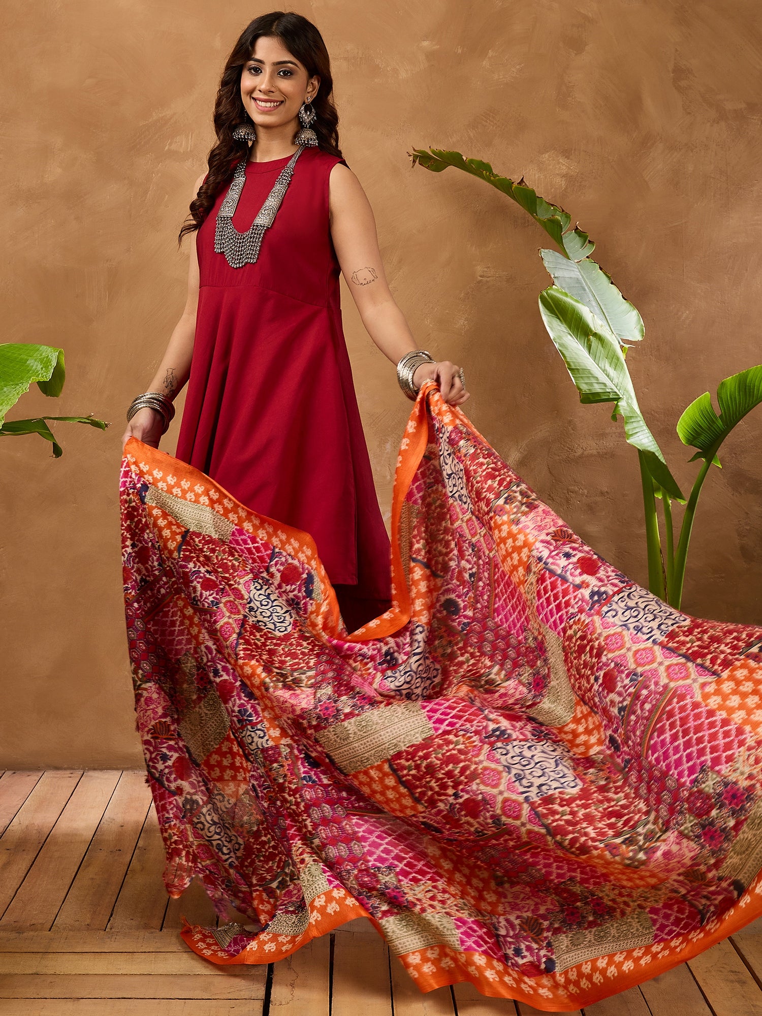 Barn Red Silk Boho Orange Multi Kurta Set